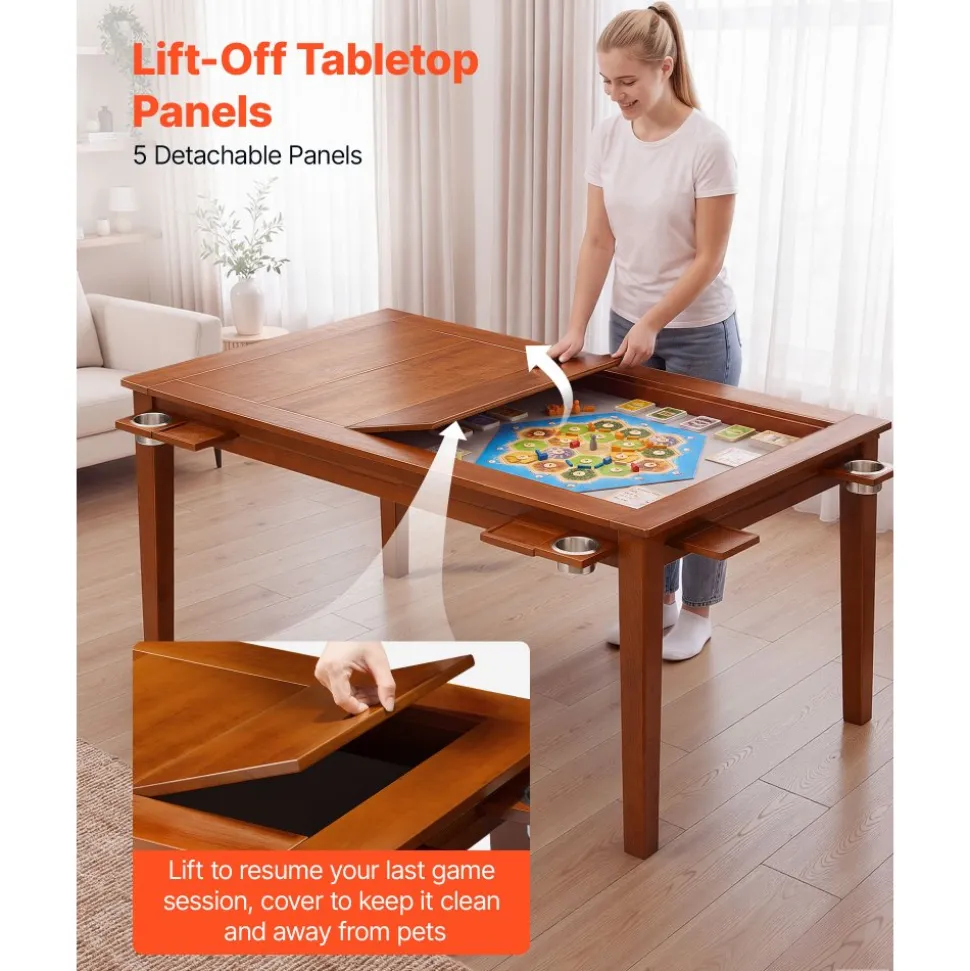 VEVOR Board Game Table 2-in-1 Gaming and Dining Table 63 x 39.4 x 30 in, Roomy for 6 Players, with Removable Tabletop, Leather Gaming Mat, 6 Cup Holders & Sliding Trays, 440LBS Solid Wood Support