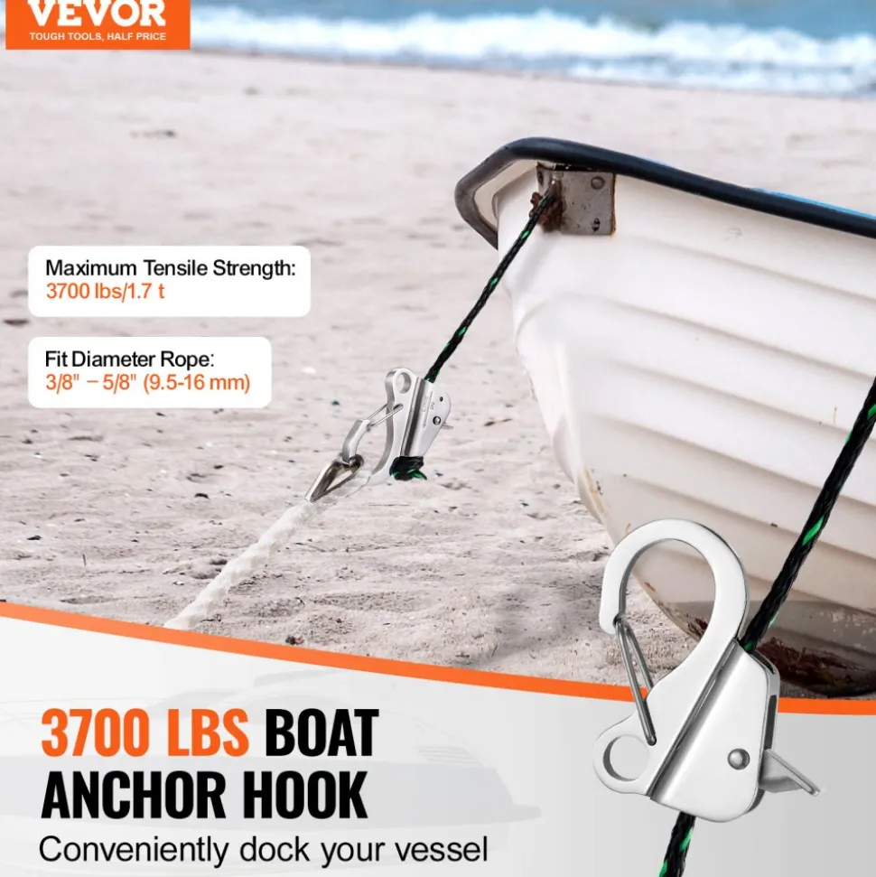 VEVOR Boat Anchor Hook, 304 Stainless Steel Slide Anchor, Knotless Anchor System with Quick Release, Boat Anchor Hook Clips for 3/8" - 5/8" Boat Anchor Rope, Easy to Use, Holds 3700 LBS