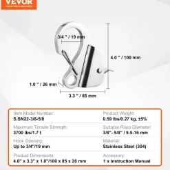 VEVOR Boat Anchor Hook, 304 Stainless Steel Slide Anchor, Knotless Anchor System with Quick Release, Boat Anchor Hook Clips for 3/8