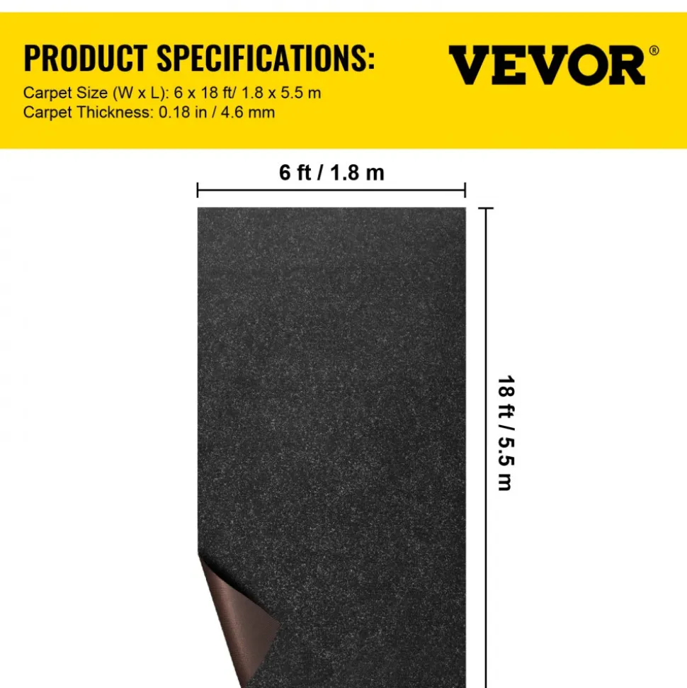 VEVOR Boat Carpet, 6 ft x 18 ft Marine Carpet for Boats, Waterproof Black Indoor Outdoor Carpet with Marine Backing Anti-Slide Marine Grade Boat Carpet Cuttable Easy to Clean Patio Rugs Deck Rug