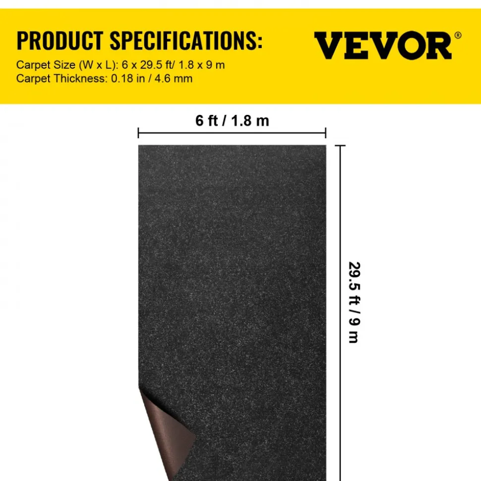 VEVOR Boat Carpet, 6 ft x 29.5 ft Marine Carpet for Boats, Waterproof Black Indoor Outdoor Carpet with Marine Backing Anti-Slide Marine Grade Boat Carpet Cuttable Easy to Clean Patio Rugs Deck Rug