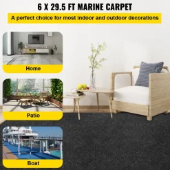 VEVOR Boat Carpet, 6 ft x 29.5 ft Marine Carpet for Boats, Waterproof Black Indoor Outdoor Carpet with Marine Backing Anti-Slide Marine Grade Boat Carpet Cuttable Easy to Clean Patio Rugs Deck Rug