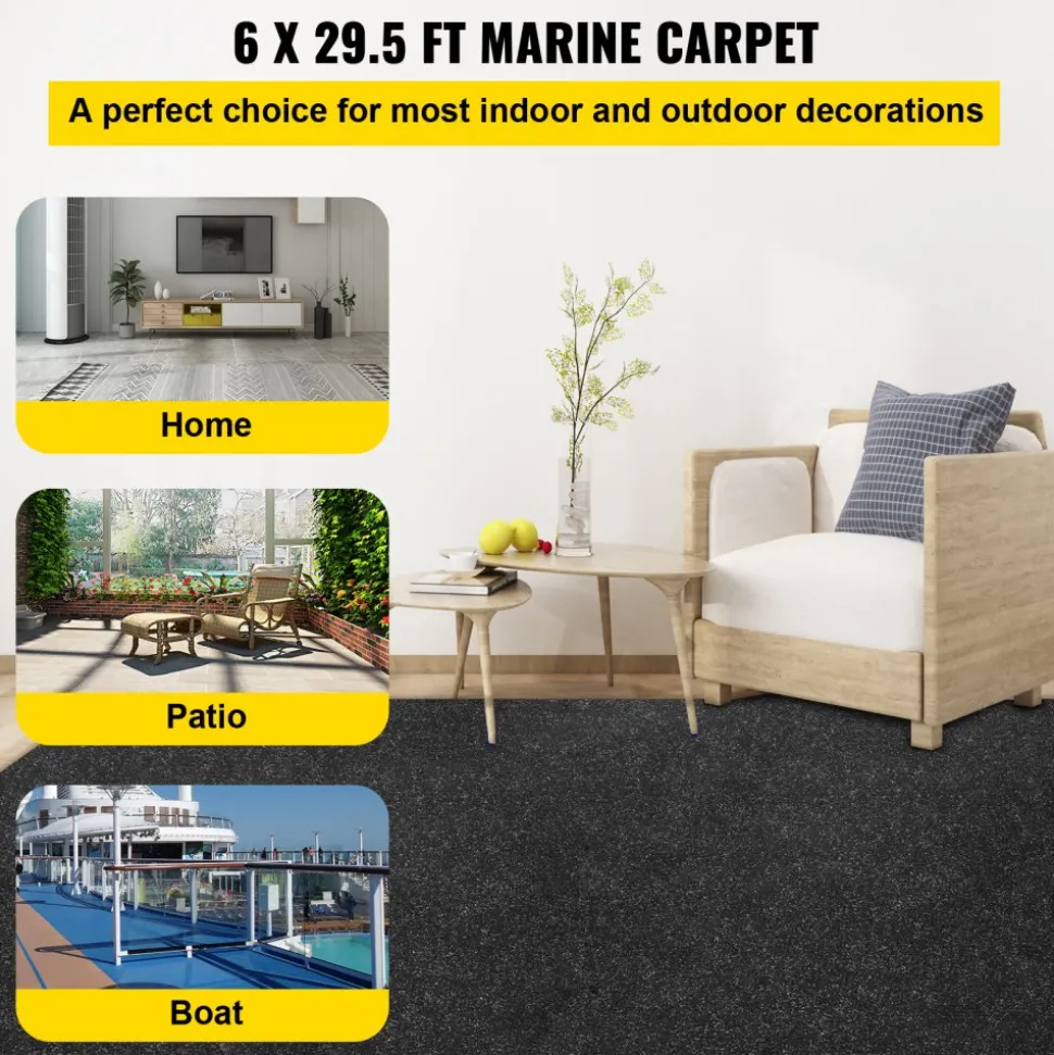 VEVOR Boat Carpet, 6 ft x 29.5 ft Marine Carpet for Boats, Waterproof Black Indoor Outdoor Carpet with Marine Backing Anti-Slide Marine Grade Boat Carpet Cuttable Easy to Clean Patio Rugs Deck Rug