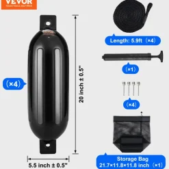 VEVOR Boat Fenders, 5.5" x 20" Boat Bumpers for Docking, Inflatable Ribbed Fender with Center Holes, Marine Boat Dock Fender Bumper with Air Pump, 4 Needles and 4 Ropes and Storage Bag, Black
