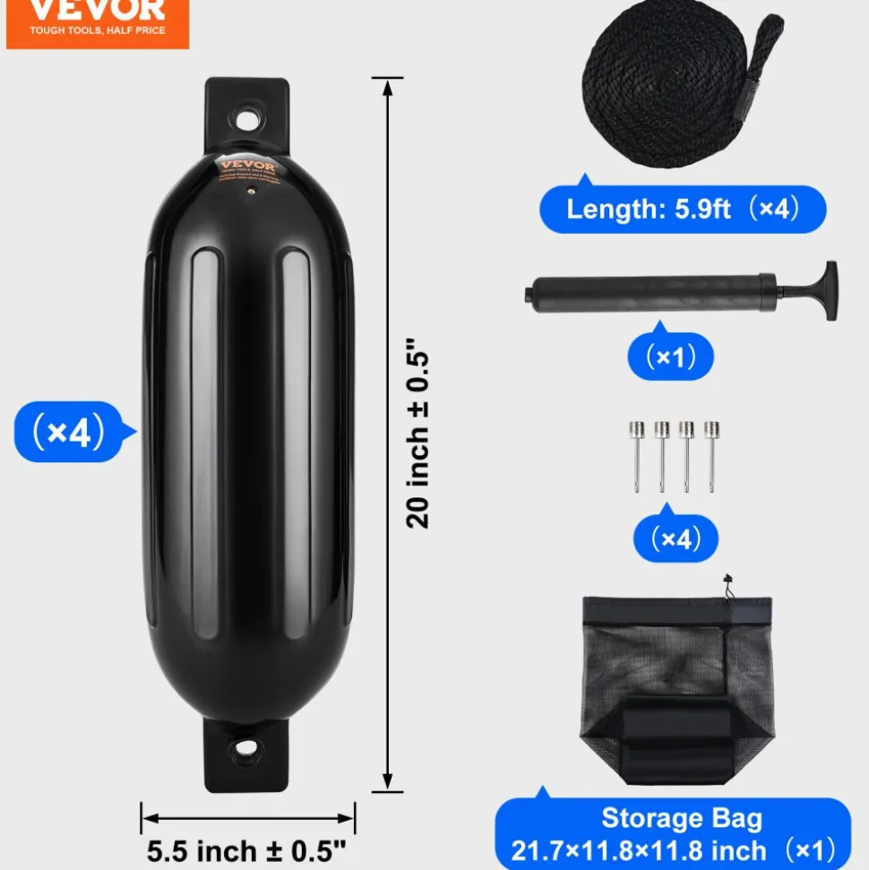 VEVOR Boat Fenders, 5.5" x 20" Boat Bumpers for Docking, Inflatable Ribbed Fender with Center Holes, Marine Boat Dock Fender Bumper with Air Pump, 4 Needles and 4 Ropes and Storage Bag, Black