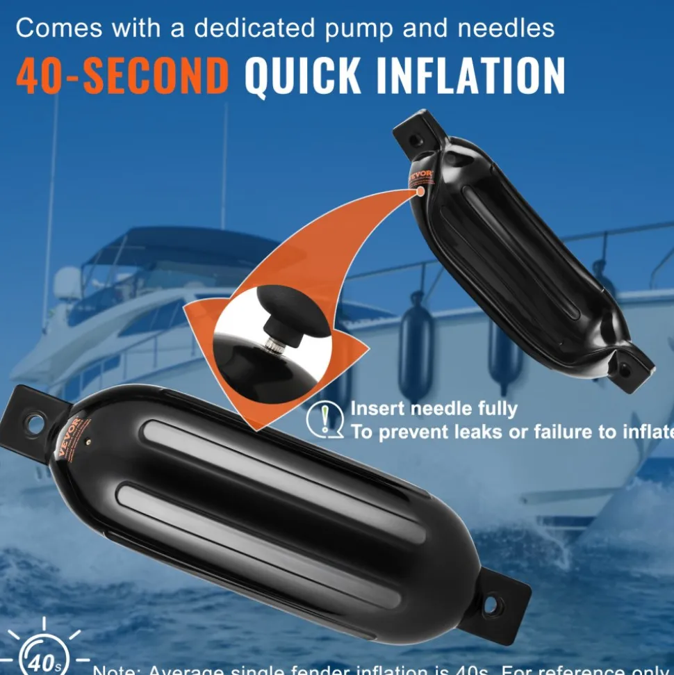 VEVOR Boat Fenders, 5.5" x 20" Boat Bumpers for Docking, Inflatable Ribbed Fender with Center Holes, Marine Boat Dock Fender Bumper with Air Pump, 4 Needles and 4 Ropes and Storage Bag, Black