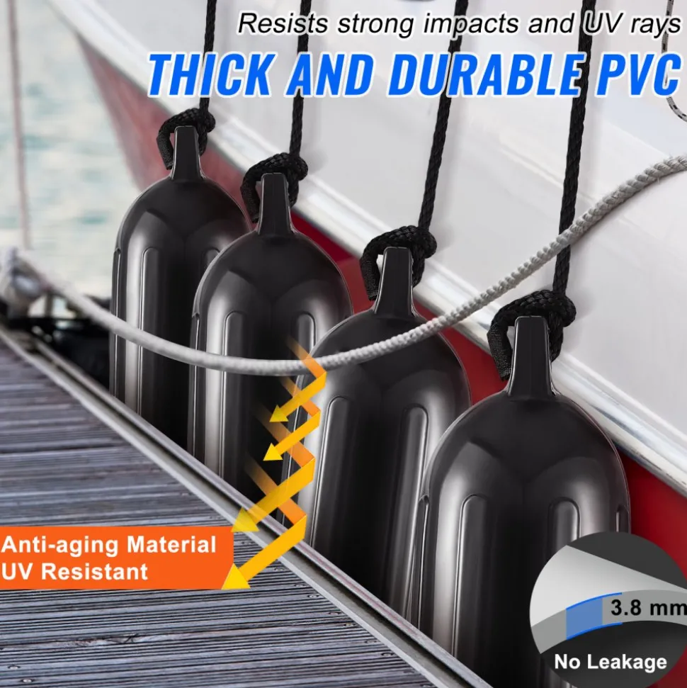 VEVOR Boat Fenders, 5.5" x 20" Boat Bumpers for Docking, Inflatable Ribbed Fender with Center Holes, Marine Boat Dock Fender Bumper with Air Pump, 4 Needles and 4 Ropes and Storage Bag, Black