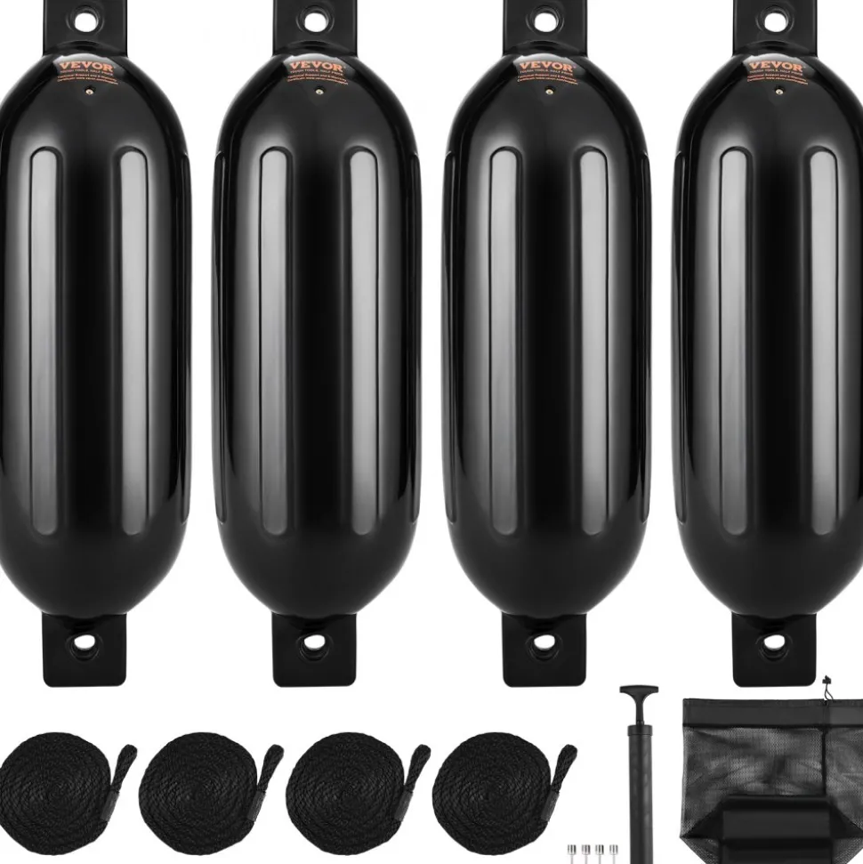 VEVOR Boat Fenders, 8.5" x 26" Boat Bumpers for Docking, Inflatable Ribbed Fender with Center Holes, Marine Boat Dock Fender Bumper with Air Pump, 4 Needles and 4 Ropes and Storage Bag, Black