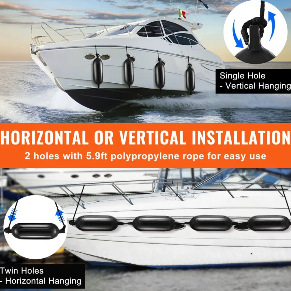 VEVOR Boat Fenders, 8.5" x 26" Boat Bumpers for Docking, Inflatable Ribbed Fender with Center Holes, Marine Boat Dock Fender Bumper with Air Pump, 4 Needles and 4 Ropes and Storage Bag, Black