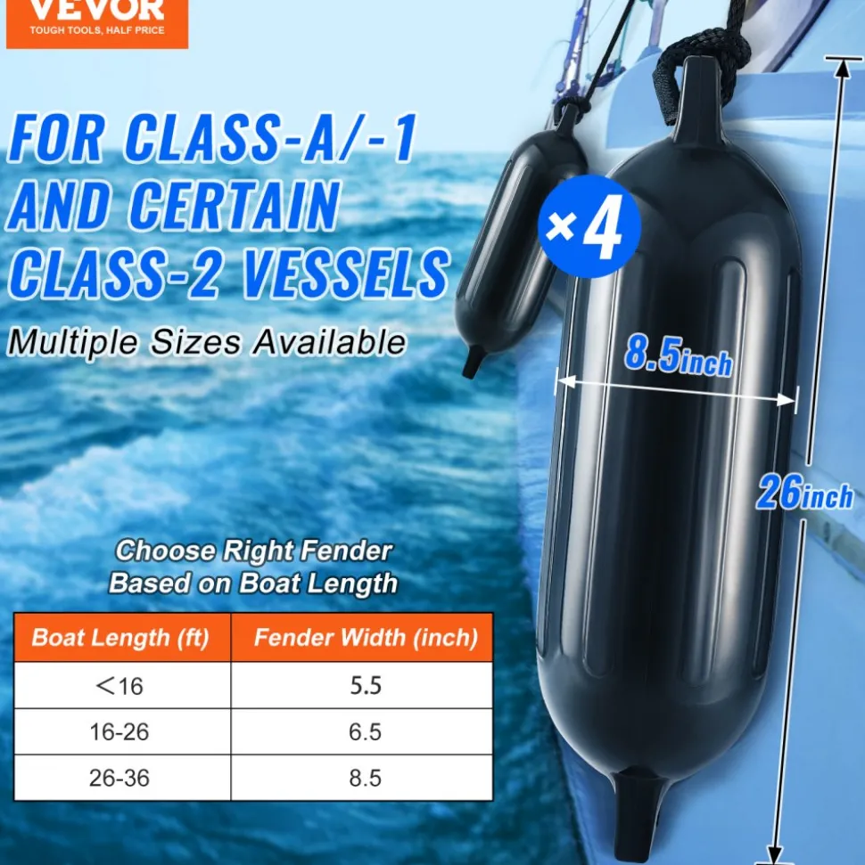 VEVOR Boat Fenders, 8.5" x 26" Boat Bumpers for Docking, Inflatable Ribbed Fender with Center Holes, Marine Boat Dock Fender Bumper with Air Pump, 4 Needles and 4 Ropes and Storage Bag, Black