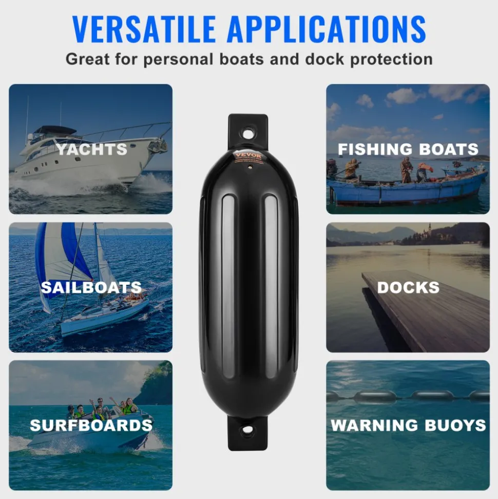 VEVOR Boat Fenders, 8.5" x 26" Boat Bumpers for Docking, Inflatable Ribbed Fender with Center Holes, Marine Boat Dock Fender Bumper with Air Pump, 4 Needles and 4 Ropes and Storage Bag, Black