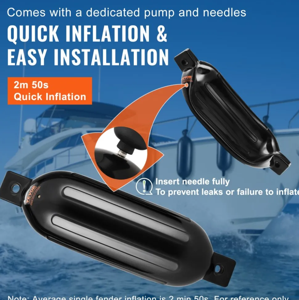 VEVOR Boat Fenders, 8.5" x 26" Boat Bumpers for Docking, Inflatable Ribbed Fender with Center Holes, Marine Boat Dock Fender Bumper with Air Pump, 4 Needles and 4 Ropes and Storage Bag, Black