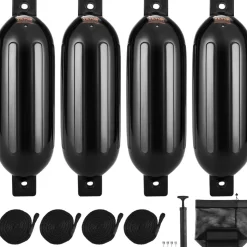 VEVOR Boat Fenders, 6.5" x 23" Boat Bumpers for Docking, Inflatable Ribbed Fender with Center Holes, Marine Boat Dock Fender Bumper with Air Pump, 4 Needles and 4 Ropes and Storage Bag, Black