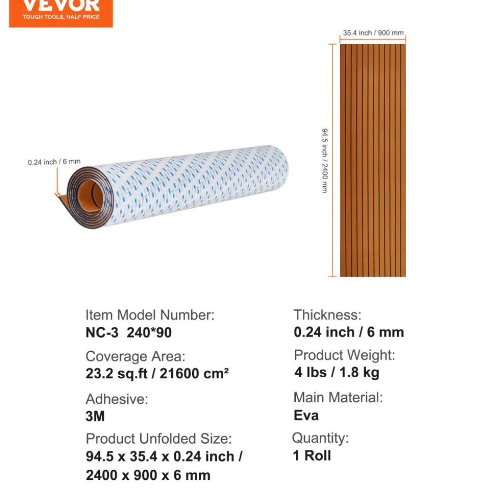 VEVOR Boat Flooring, EVA Foam Boat Decking 94.5" x 35.4", Non-Slip Self-Adhesive Flooring, 23.2 sq.ft Marine Carpet for Boats, Yacht, Pontoon, Kayak Decking