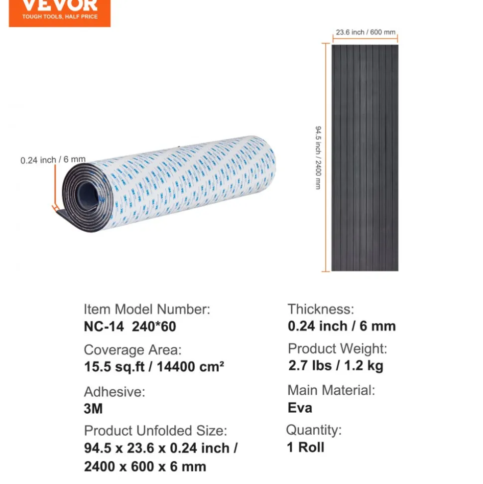 VEVOR Boat Flooring, EVA Foam Boat Decking 94.5" x 23.6", Non-Slip Self-Adhesive Flooring, 15.5 sq.ft Marine Carpet for Boats, Yacht, Pontoon, Kayak Decking