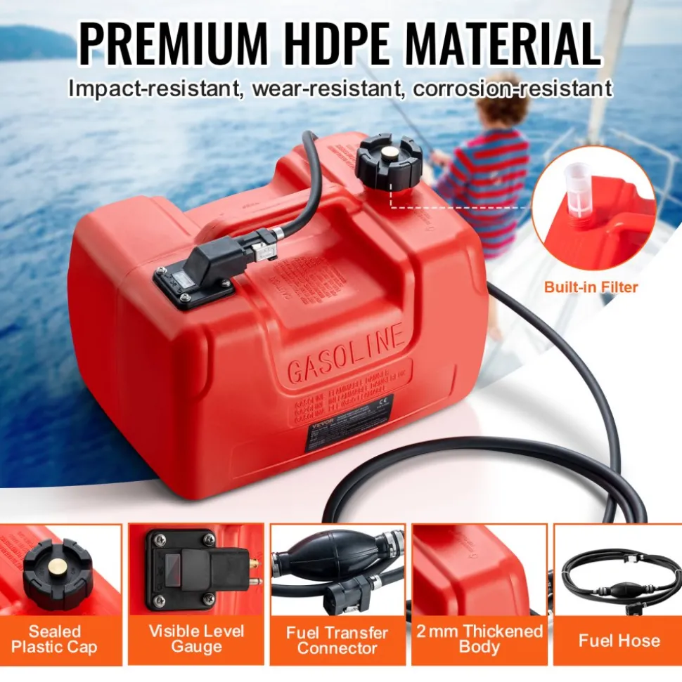 VEVOR Boat Fuel Tank, 3.17-Gallon/12-L Marine Outboard Transfer Tank, Transfer Tank with 9.8ft Hose, Gauge for Outboard Engine, Yacht, Fishing Boat, Deck, Red