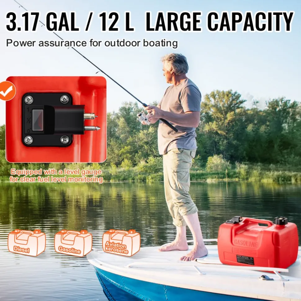 VEVOR Boat Fuel Tank, 3.17-Gallon/12-L Marine Outboard Transfer Tank, Transfer Tank with 9.8ft Hose, Gauge for Outboard Engine, Yacht, Fishing Boat, Deck, Red