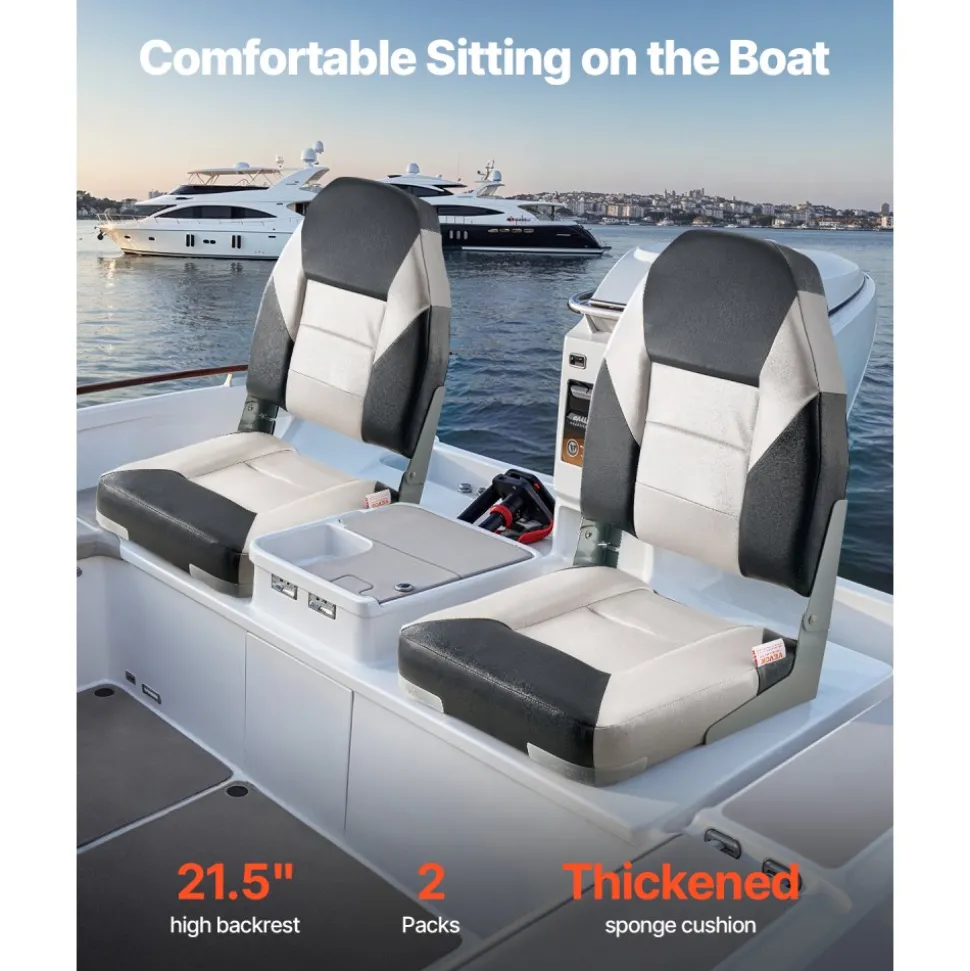 VEVOR Boat Seat, High Backrest, Folding Fishing Boat Seat with Thickened Sponge Cushion & Waterproof PVC Leather, Aluminum Alloy Hinges, Flip Up Boat Seat for Boats, Yachts, Ships, Black & Grey
