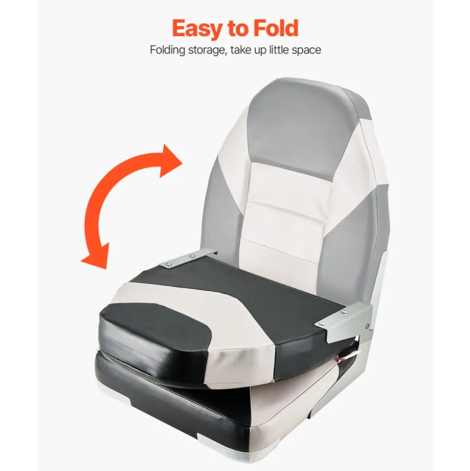 VEVOR Boat Seat, High Backrest, Folding Fishing Boat Seat with Thickened Sponge Cushion & Waterproof PVC Leather, Aluminum Alloy Hinges, Flip Up Boat Seat for Boats, Yachts, Ships, Black & Grey