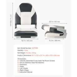 VEVOR Boat Seat, High Backrest, Folding Fishing Boat Seat with Thickened Sponge Cushion & Waterproof PVC Leather, Aluminum Alloy Hinges, Flip Up Boat Seat for Boats, Yachts, Ships, Black & Grey