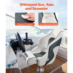 VEVOR Boat Seat, High Backrest, Flip Up Boat Seat Captain Bucket Seat with Thickened Sponge Cushion & Waterproof PVC Leather, Ergonomic Design, Folding Boat Seat for Boats, Yachts, Ships, White & Grey