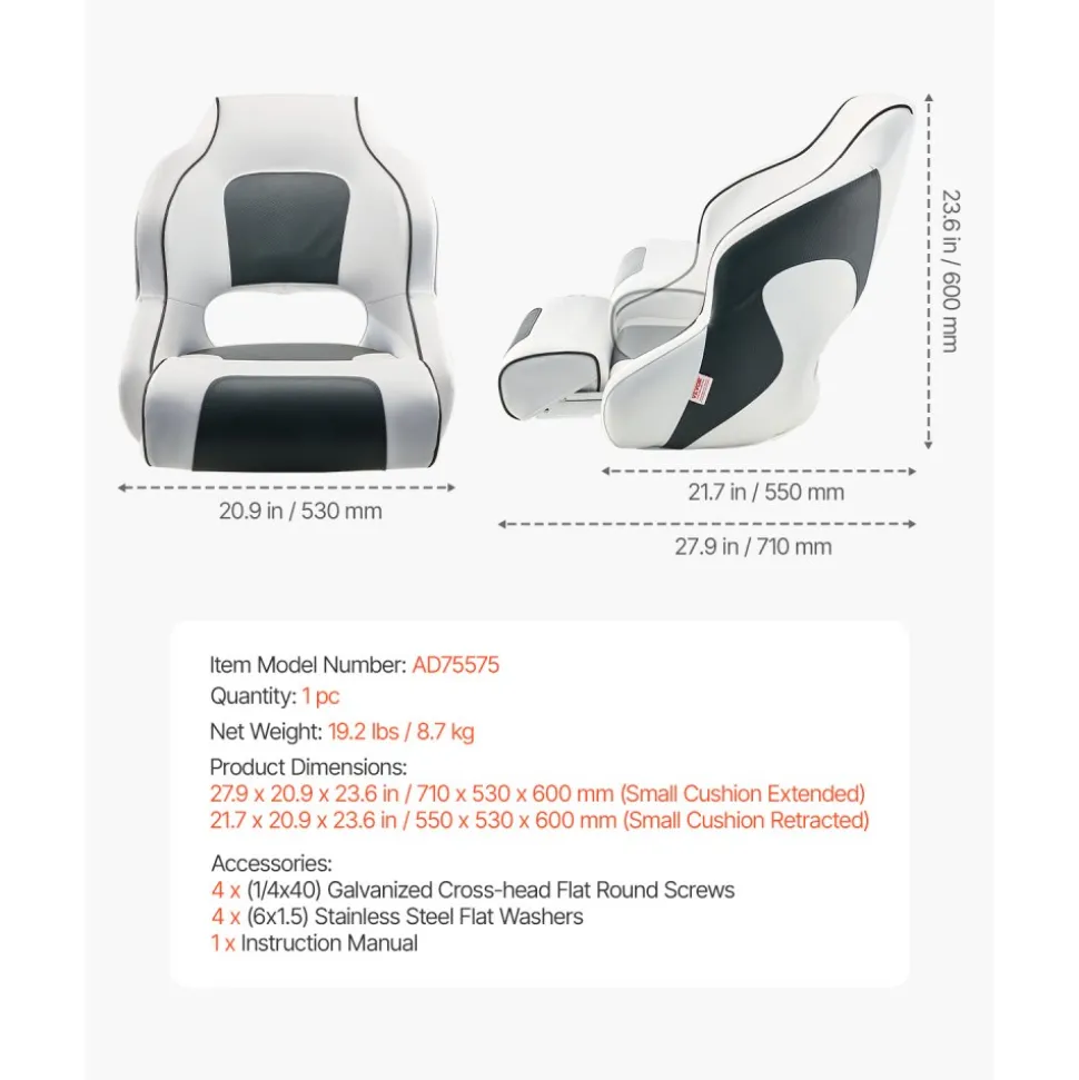 VEVOR Boat Seat, High Backrest, Flip Up Boat Seat Captain Bucket Seat with Thickened Sponge Cushion & Waterproof PVC Leather, Ergonomic Design, Folding Boat Seat for Boats, Yachts, Ships, White & Grey