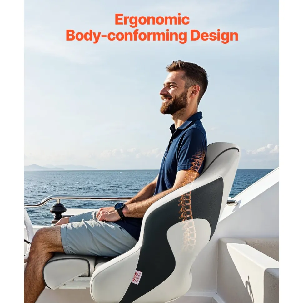 VEVOR Boat Seat, High Backrest, Flip Up Boat Seat Captain Bucket Seat with Thickened Sponge Cushion & Waterproof PVC Leather, Ergonomic Design, Folding Boat Seat for Boats, Yachts, Ships, White & Grey