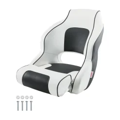 VEVOR Boat Seat, High Backrest, Flip Up Boat Seat Captain Bucket Seat with Thickened Sponge Cushion & Waterproof PVC Leather, Ergonomic Design, Folding Boat Seat for Boats, Yachts, Ships, White & Grey
