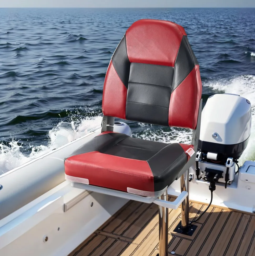 VEVOR Boat Seat, High Backrest, Folding Fishing Boat Seat with Thickened Sponge Cushion & Waterproof PVC Leather, Aluminum Alloy Hinges, Flip Up Boat Seat for Boats, Yachts, Ships, Black & Red