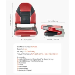 VEVOR Boat Seat, High Backrest, Folding Fishing Boat Seat with Thickened Sponge Cushion & Waterproof PVC Leather, Aluminum Alloy Hinges, Flip Up Boat Seat for Boats, Yachts, Ships, Black & Red