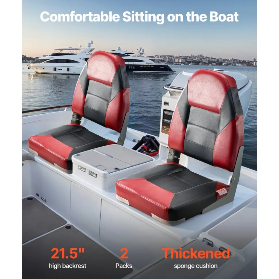 VEVOR Boat Seat, High Backrest, Folding Fishing Boat Seat with Thickened Sponge Cushion & Waterproof PVC Leather, Aluminum Alloy Hinges, Flip Up Boat Seat for Boats, Yachts, Ships, Black & Red