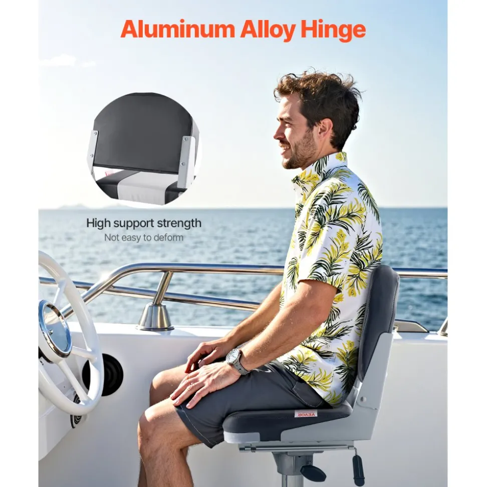 VEVOR Boat Seat, Low Backrest, Folding Fishing Boat Seat with Thickened Sponge Cushion & Waterproof PVC Leather, Aluminum Alloy Hinges, Flip Up Boat Seat for Fishing Boats, Yachts, Ships, Black & Grey