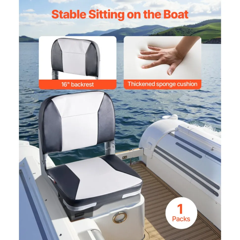 VEVOR Boat Seat, Low Backrest, Folding Fishing Boat Seat with Thickened Sponge Cushion & Waterproof PVC Leather, Aluminum Alloy Hinges, Flip Up Boat Seat for Fishing Boats, Yachts, Ships, Black & Grey