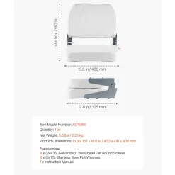 VEVOR Boat Seat, Low Backrest, Folding Fishing Boat Seat with Thickened Sponge Cushion & Waterproof PVC Leather, Aluminum Alloy Hinges, Flip Up Boat Seat for Fishing Boats, Yachts, Ships, White