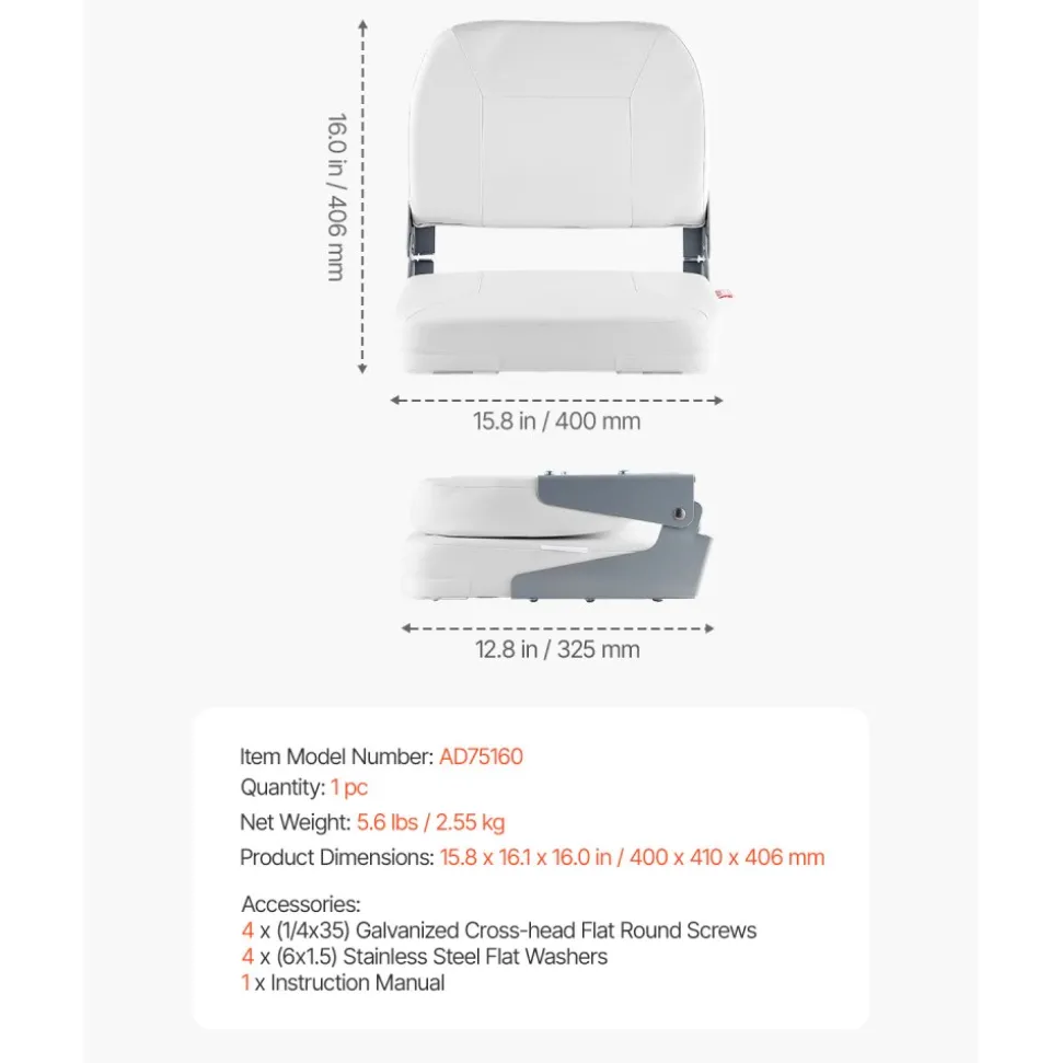 VEVOR Boat Seat, Low Backrest, Folding Fishing Boat Seat with Thickened Sponge Cushion & Waterproof PVC Leather, Aluminum Alloy Hinges, Flip Up Boat Seat for Fishing Boats, Yachts, Ships, White