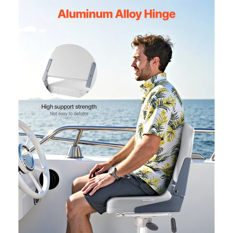 VEVOR Boat Seat, Low Backrest, Folding Fishing Boat Seat with Thickened Sponge Cushion & Waterproof PVC Leather, Aluminum Alloy Hinges, Flip Up Boat Seat for Fishing Boats, Yachts, Ships, White