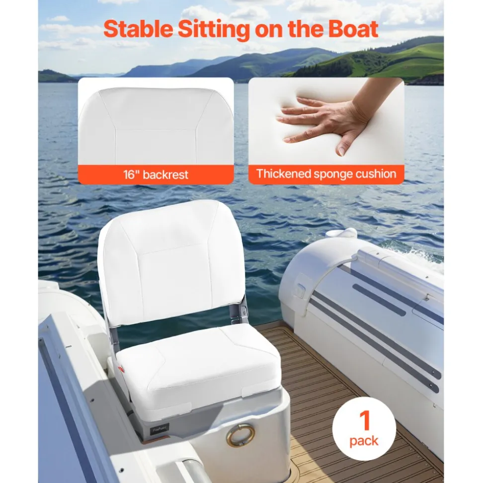 VEVOR Boat Seat, Low Backrest, Folding Fishing Boat Seat with Thickened Sponge Cushion & Waterproof PVC Leather, Aluminum Alloy Hinges, Flip Up Boat Seat for Fishing Boats, Yachts, Ships, White