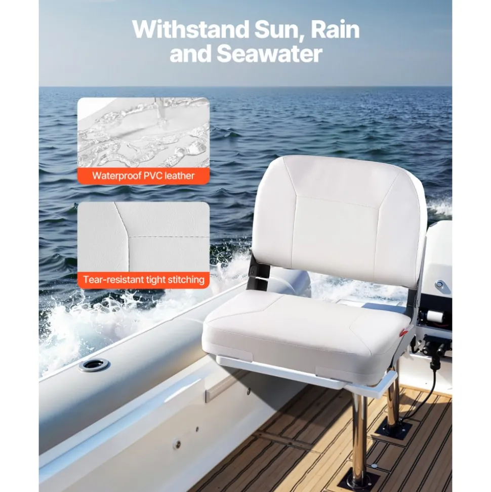 VEVOR Boat Seat, Low Backrest, Folding Fishing Boat Seat with Thickened Sponge Cushion & Waterproof PVC Leather, Aluminum Alloy Hinges, Flip Up Boat Seat for Fishing Boats, Yachts, Ships, White