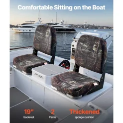 VEVOR Boat Seat, Low Backrest, Folding Fishing Boat Seat with Thickened Sponge Cushion & PU Polyester Fabric, Strong PP Frame, Flip Up Boat Seat for Boats, Yachts, Ships, Camouflage Color (2 Seats)