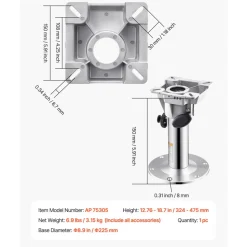 VEVOR Boat Seat Pedestal, Adjustable Height from 12.76 to 18.7 Inches, Aluminum Alloy Boat Chair Base with Locking Design, Waterproof & Rust-resistant, Ideal for Fishing and Boating Enthusiasts
