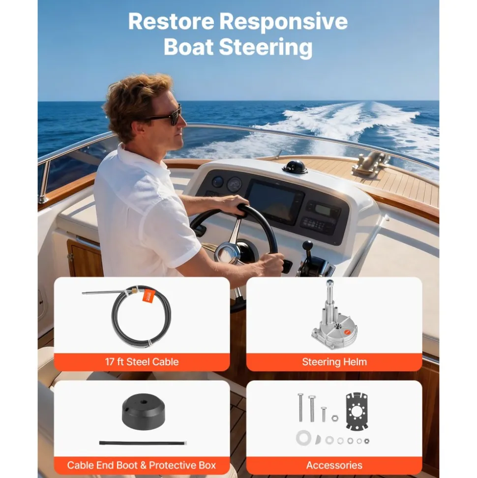 VEVOR Boat Steering System, 17 ft Boat Control Cable Outboard Rotary Steering System Kit with Aluminum Alloy Helm, Durable Marine Replacement for Fishing Boats, Small Sailboats, Speedboats, Lifeboats