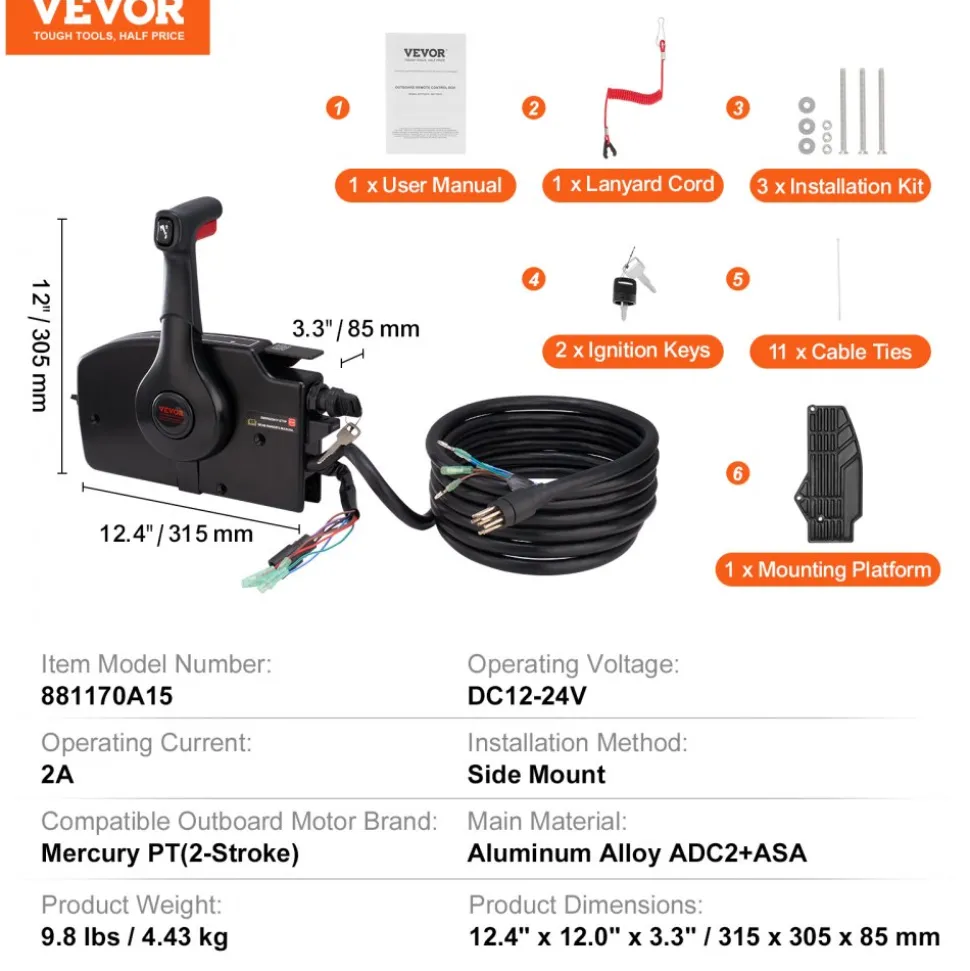 VEVOR Boat Throttle Control, 881170A15 Side-Mounted Outboard Remote Control Box for Mercury PT 2-Stroke, Marine Throttle Control Box with Power Trim Switch, 16.3 ft Harness 8+4 Pin, and Lanyard