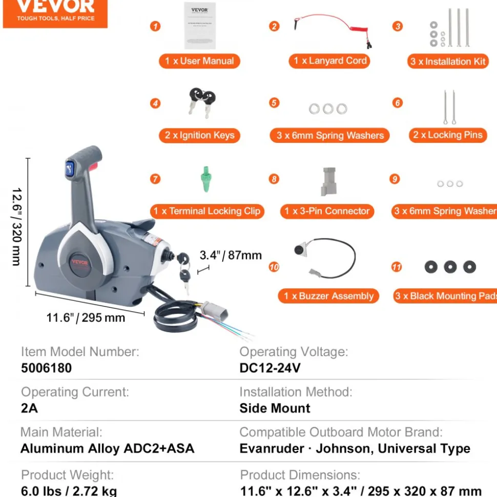 VEVOR Boat Throttle Control, 5006180 Side-Mounted Outboard Remote Control Box for Evinrude Johnson, Marine Throttle Control Box with Power Trim Switch and Lanyard