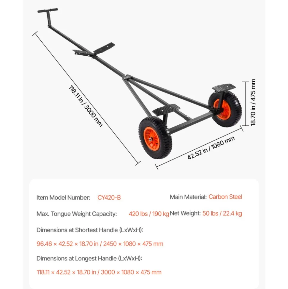 VEVOR Boat Trailer Dolly, 420lbs Load Capacity, Carbon Steel Trailer Mover with Adjustable Length, 15.7 in Pneumatic Tires and Nonslip Support Bracket, for Moving Kayak Motorboat Fishing Boat