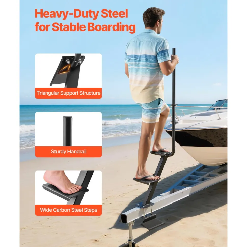VEVOR Boat Trailer Steps, 3-Step, Heavy-Duty Boat Trailer Steps with Handle, Non-Slip Surface, 3 Mounting Angle Options, Carbon Steel Ladder Suitable for 3" x 3"/3" x 5"/4" x 4" Frame, Bottom Mounting