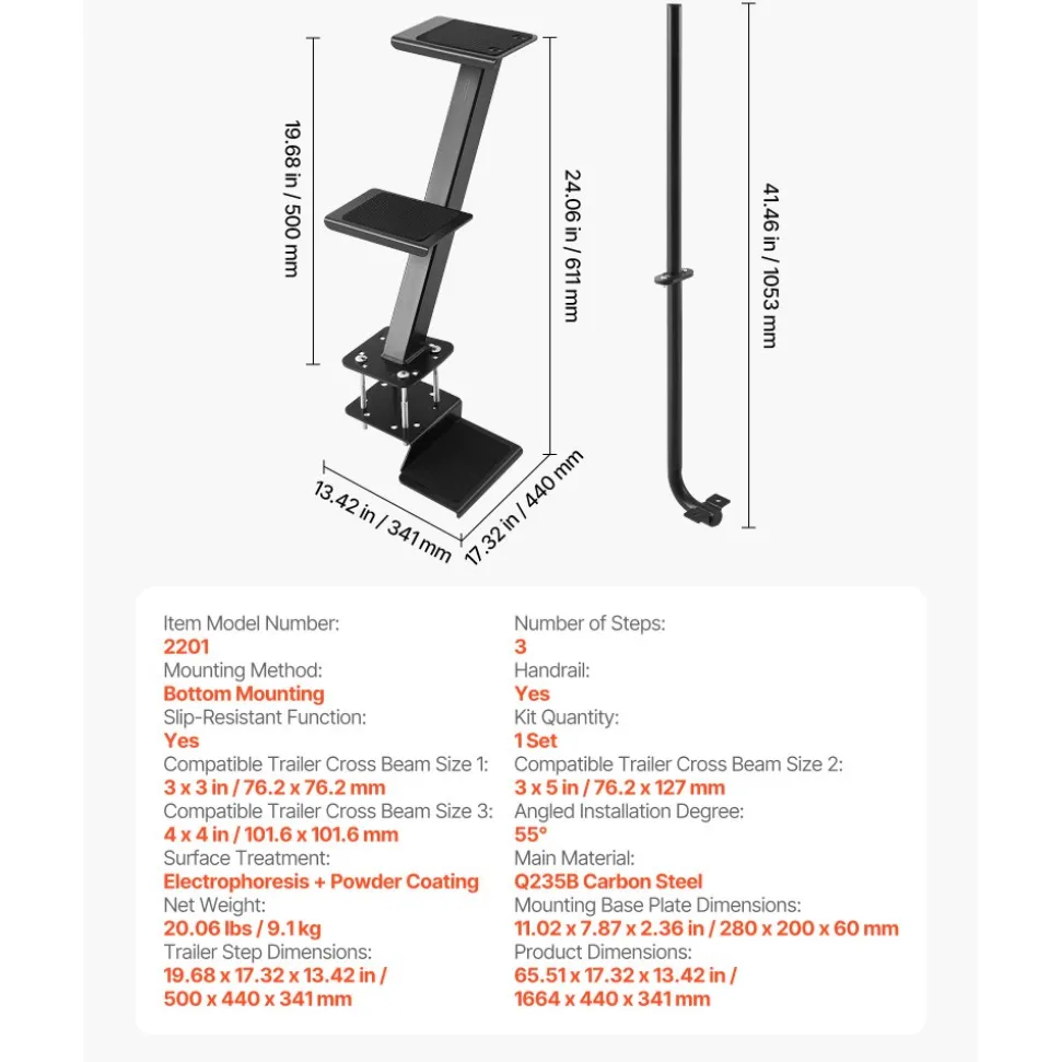VEVOR Boat Trailer Steps, 3-Step, Heavy-Duty Boat Trailer Steps with Handle, Non-Slip Surface, 3 Mounting Angle Options, Carbon Steel Ladder Suitable for 3" x 3"/3" x 5"/4" x 4" Frame, Bottom Mounting