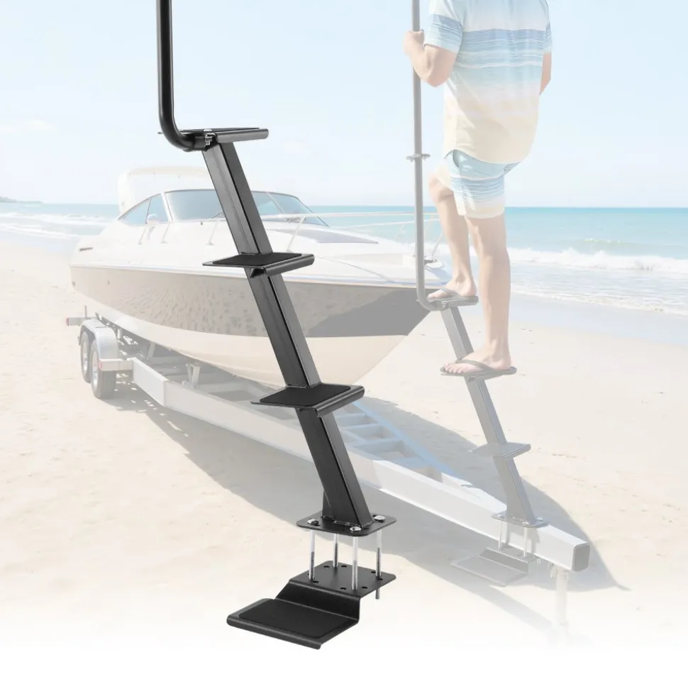VEVOR Boat Trailer Steps, 4-Step, Heavy-Duty Boat Trailer Steps with Handle, Non-Slip Surface, 3 Mounting Angle Options, Carbon Steel Ladder Suitable for 3" x 3"/3" x 5"/4" x 4" Frame, Bottom Mounting