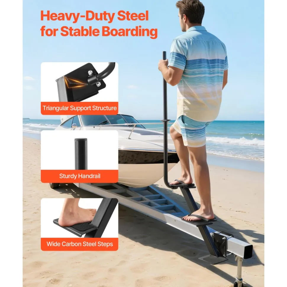 VEVOR Boat Trailer Steps, 3-Step, Heavy-Duty Boat Trailer Steps with Handle, Non-Slip Surface, 3 Mounting Angle Options, Carbon Steel Ladder Suitable for 3" x 3"/3" x 5"/4" x 4" Frame, Side Mounting