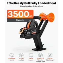 VEVOR Boat Trailer Winch Stand with Roller, 3500 lbs, 20ft Orange Polyester Strap, Boat Winch Mount, for 2-3 Inches W x 3-4 Inches H Trailer Tongue, Fit for Jet Ski, Sailboat, Speedboat
