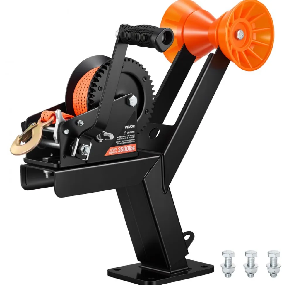 VEVOR Boat Trailer Winch Stand with Roller, 3500 lbs, 20ft Orange Polyester Strap, Boat Winch Mount, for 2-3 Inches W x 3-4 Inches H Trailer Tongue, Fit for Jet Ski, Sailboat, Speedboat